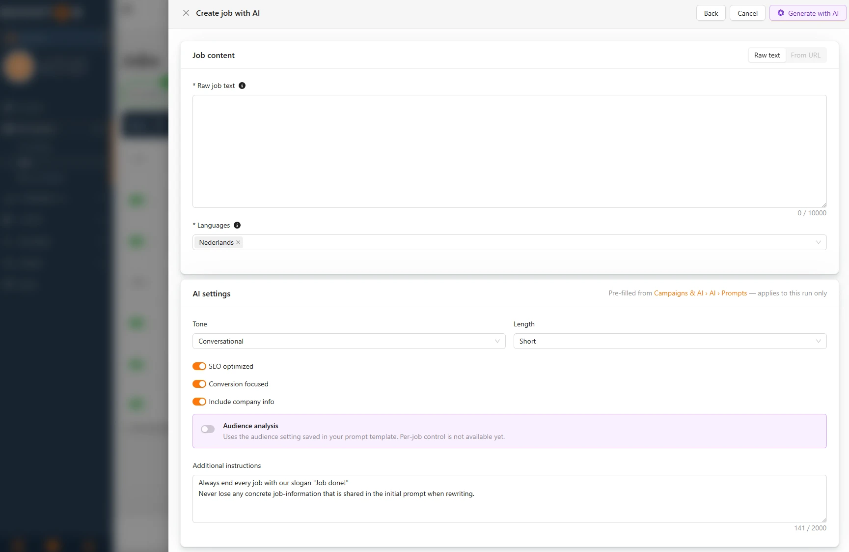 The Create job with AI drawer, with the Job content card for your raw job text and the AI settings card below it.