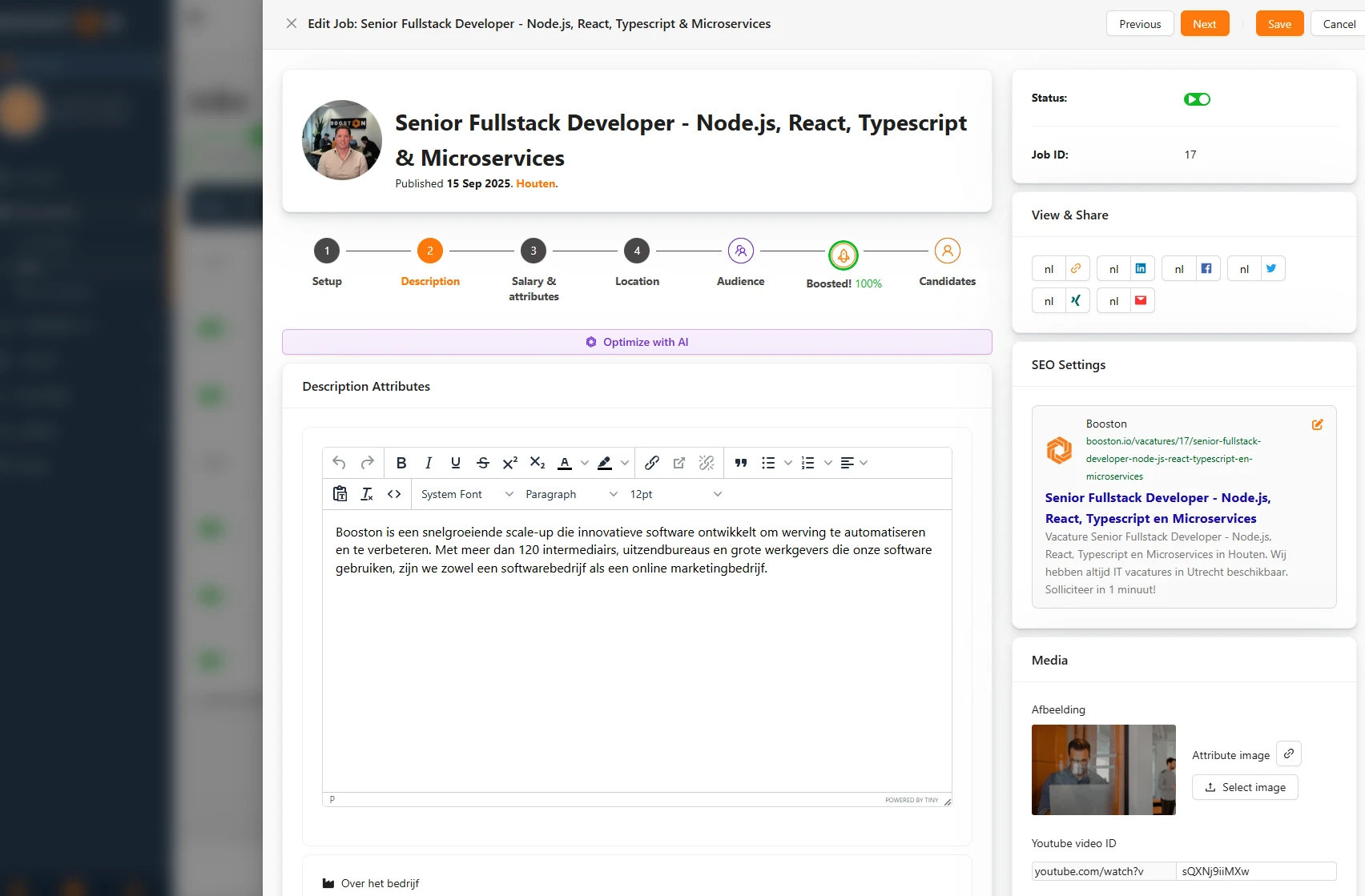 A job in the editor, with the purple Optimize with AI button under the step bar.