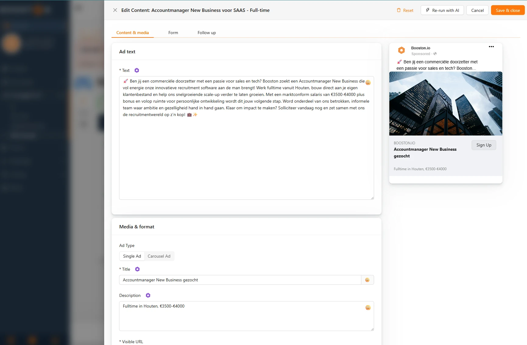 The content editor of a Meta ad, with the purple AI icon next to Text, Title and Description.