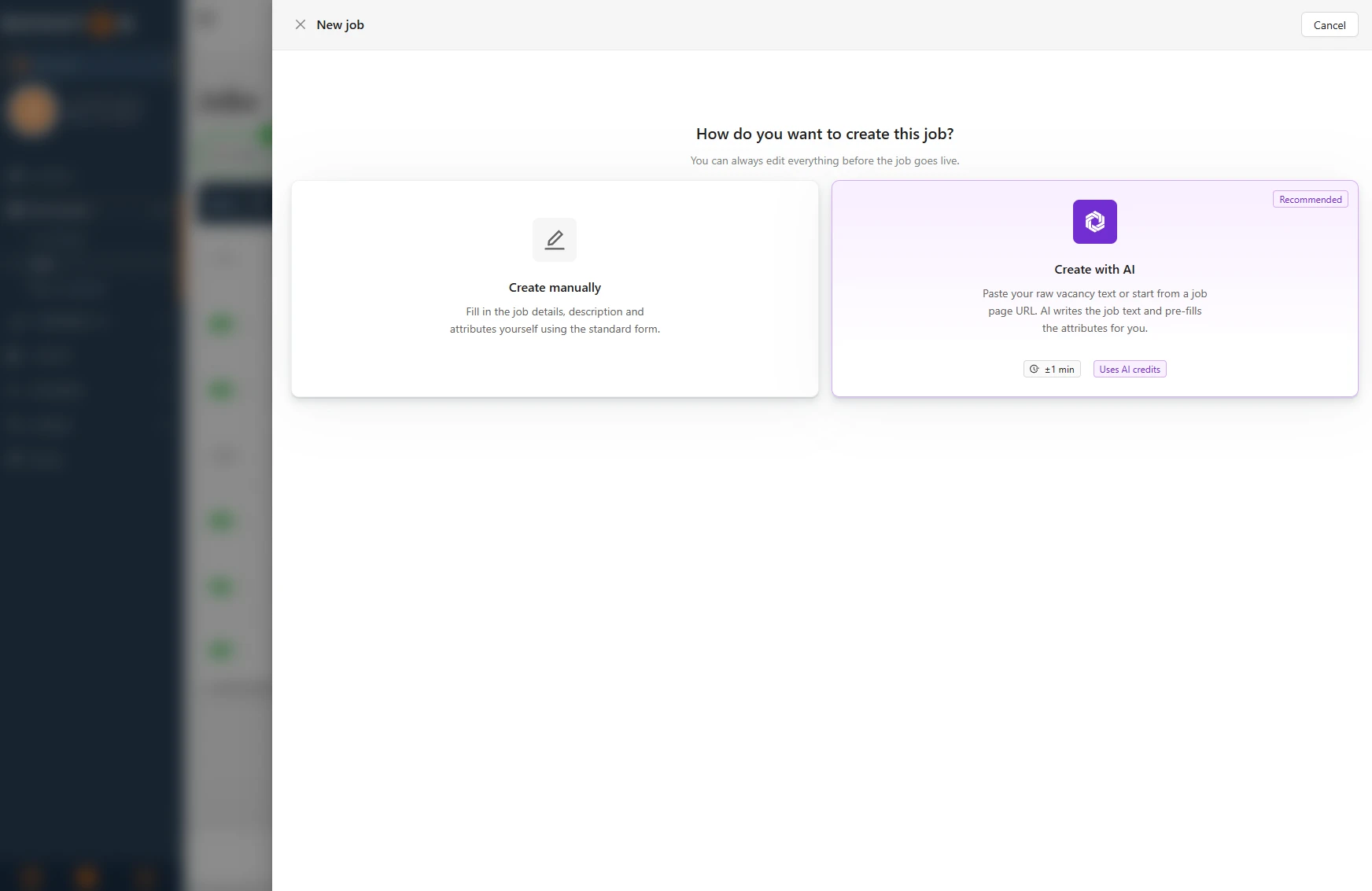 The New job screen in Booston, with the choice between Create manually and Create with AI.