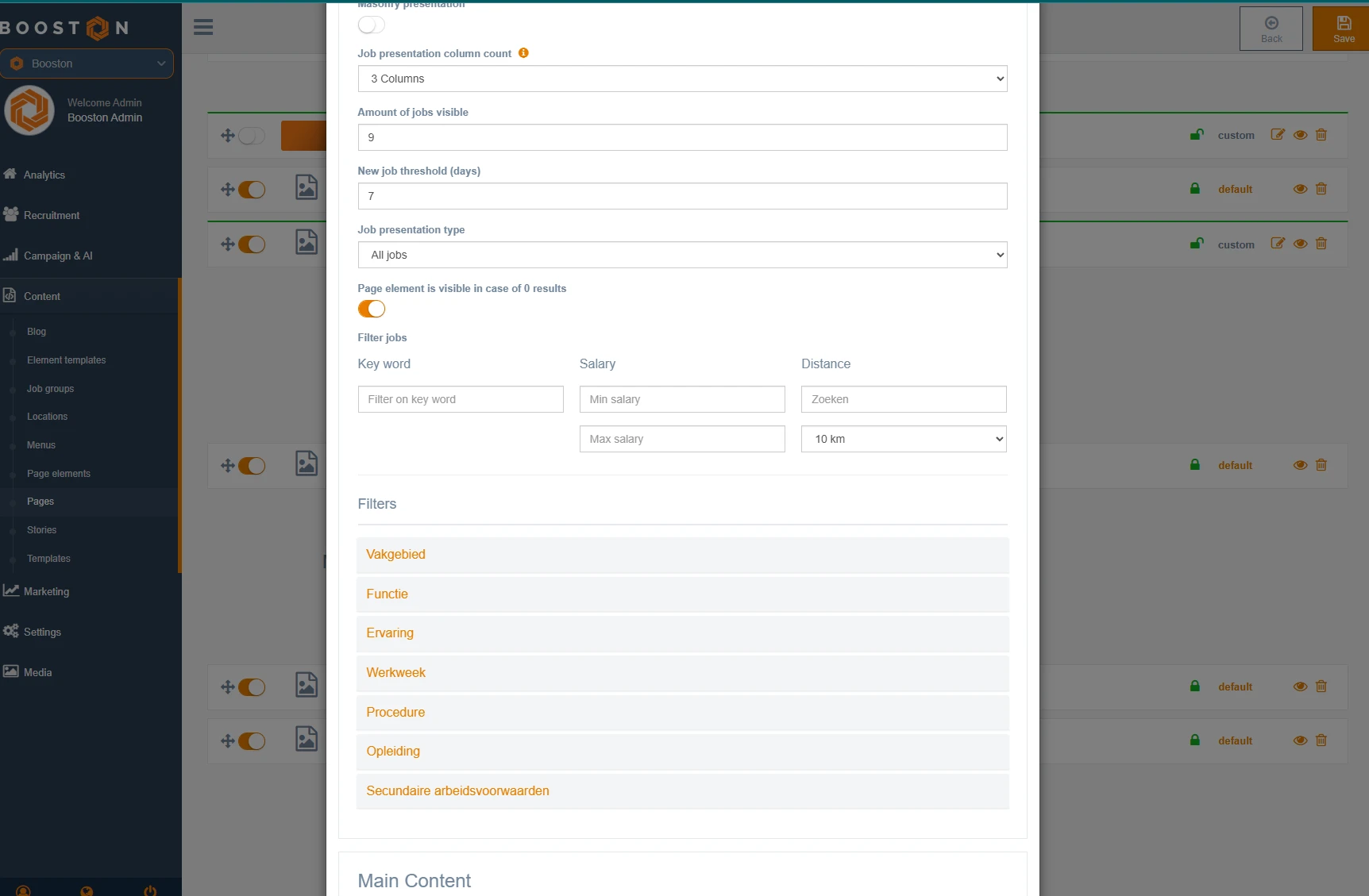 Het Job advanced search-element in het CMS, met onder Filter jobs de velden Key word, Salary en Distance en daaronder de uitklapbare lijst Filters per attribuut.