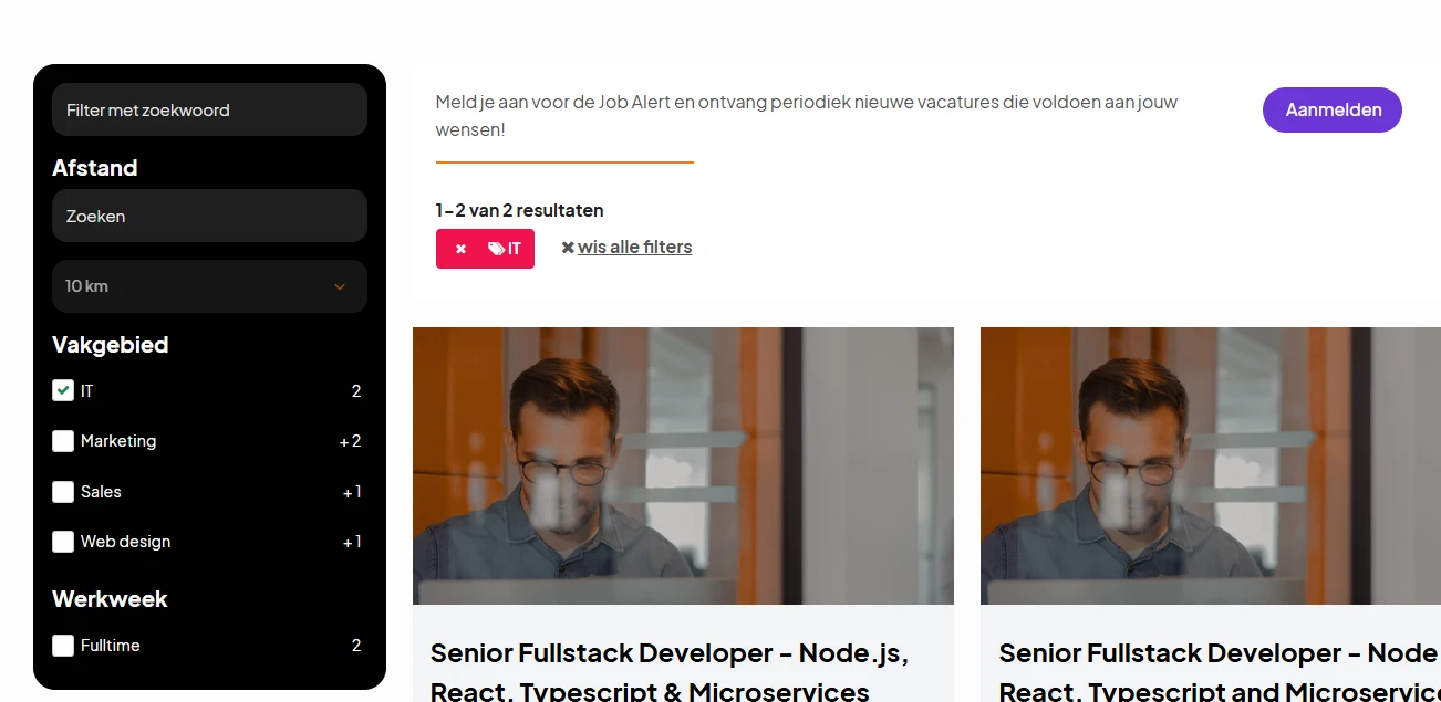 Een filterblok met IT aangevinkt en het getal 2 erachter, en bij de andere waarden een plusgetal.