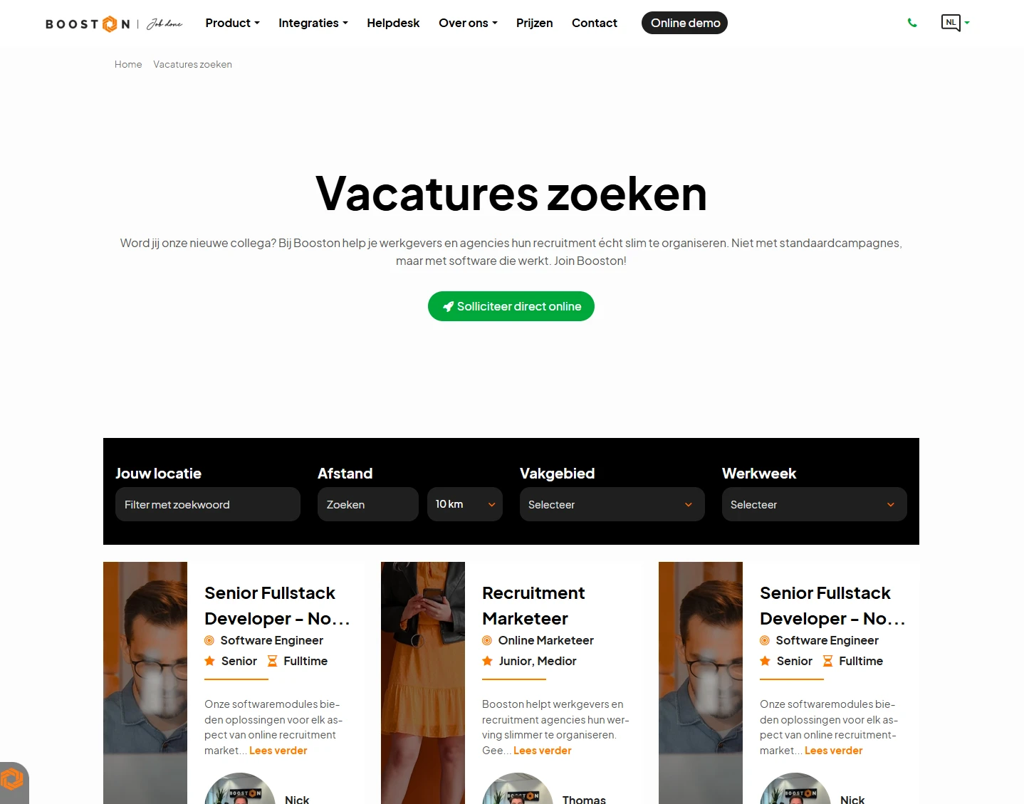 Dezelfde pagina met de filters als balk boven de vacatures, met de velden Jouw locatie, Afstand, Vakgebied en Werkweek naast elkaar.