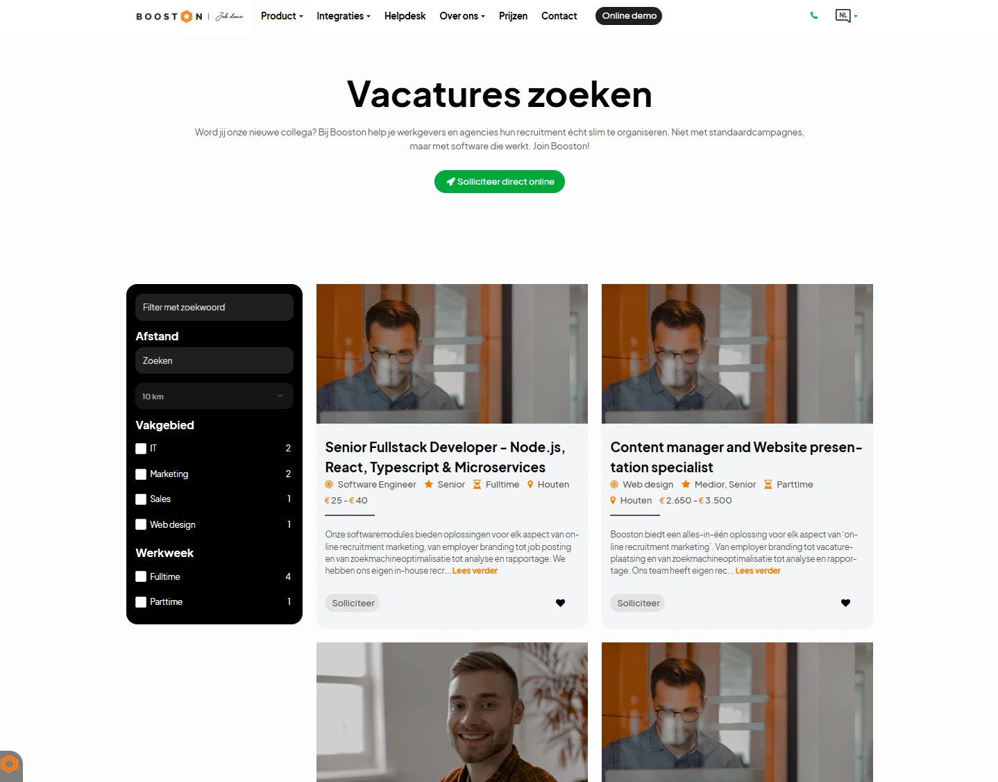 De vacaturepagina met de zoekbalk en de filters links, en de vacatures rechts ernaast.