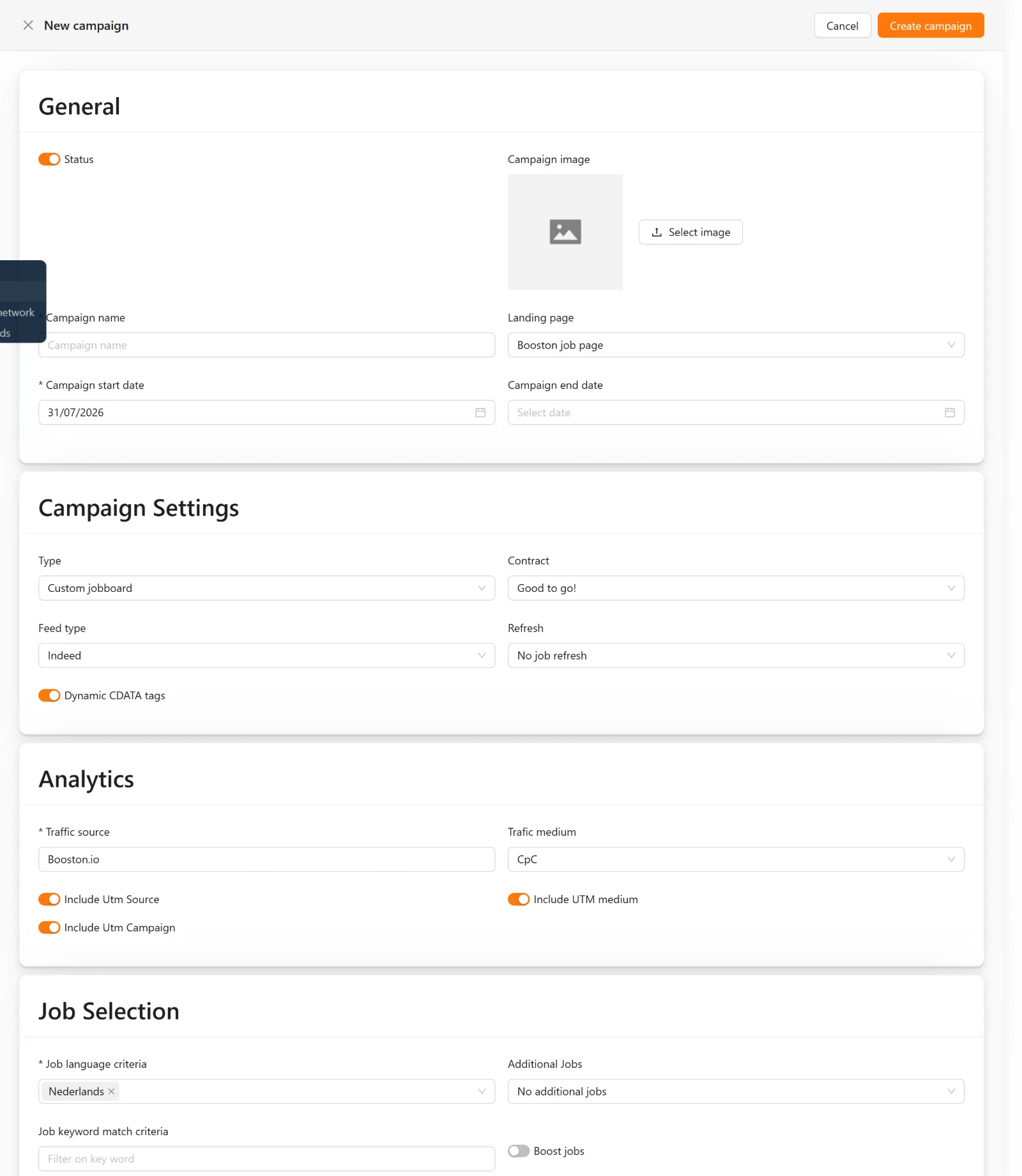 Het paneel New campaign, met rechtsboven de knop Create campaign en daaronder de blokken General en Campaign Settings.