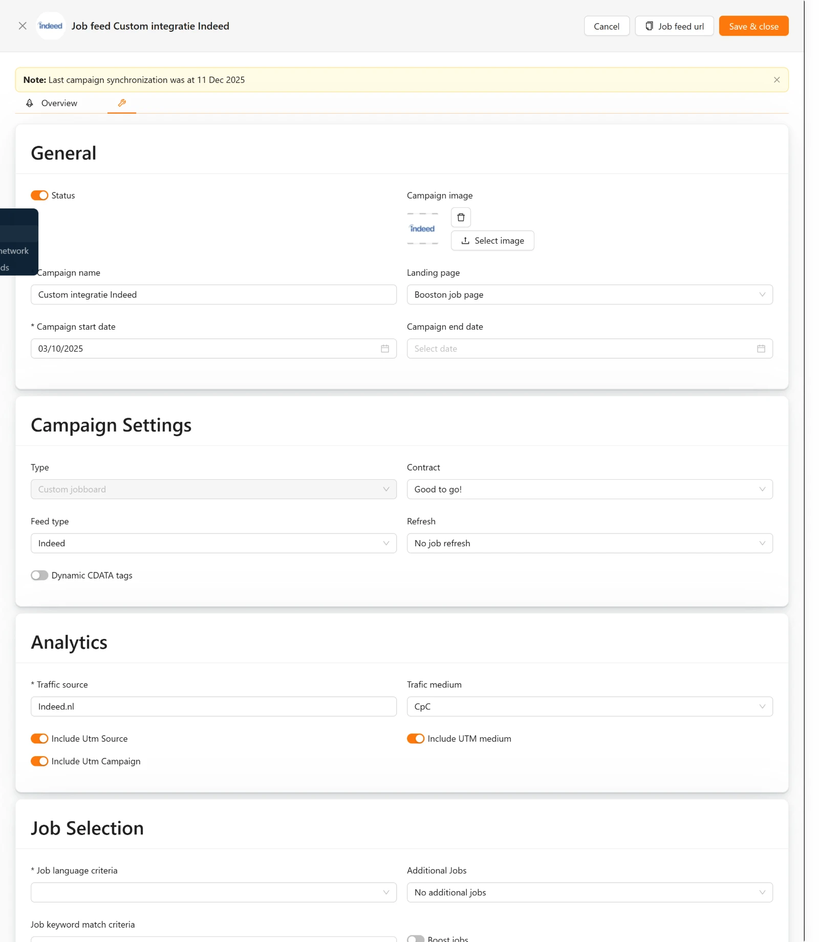 Het instellingen-tabblad van een campagne, met rechtsboven de knop Job feed url waarmee je de feed-link kopieert.