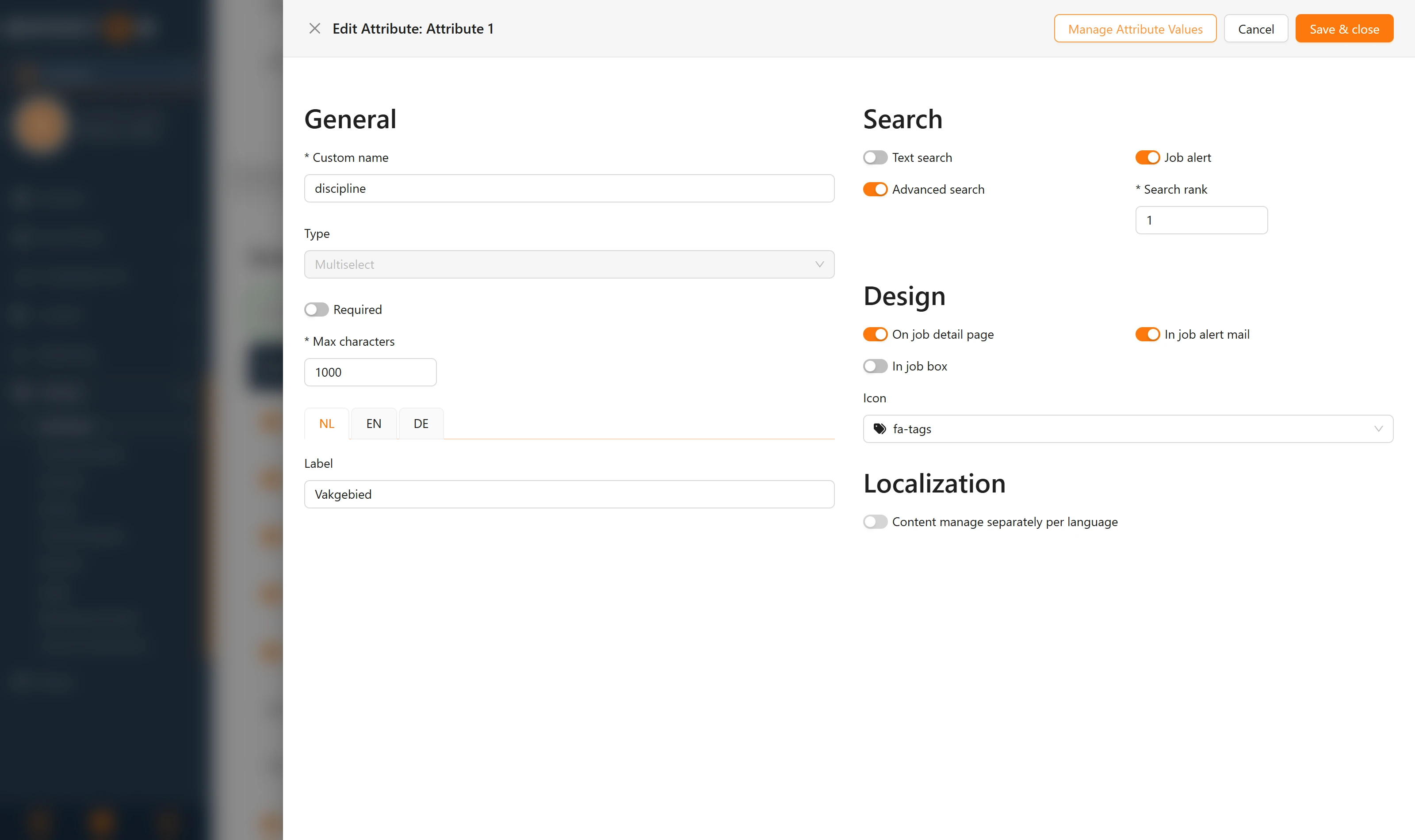 The edit screen of an attribute, with the General, Search, Design and Localization blocks side by side.