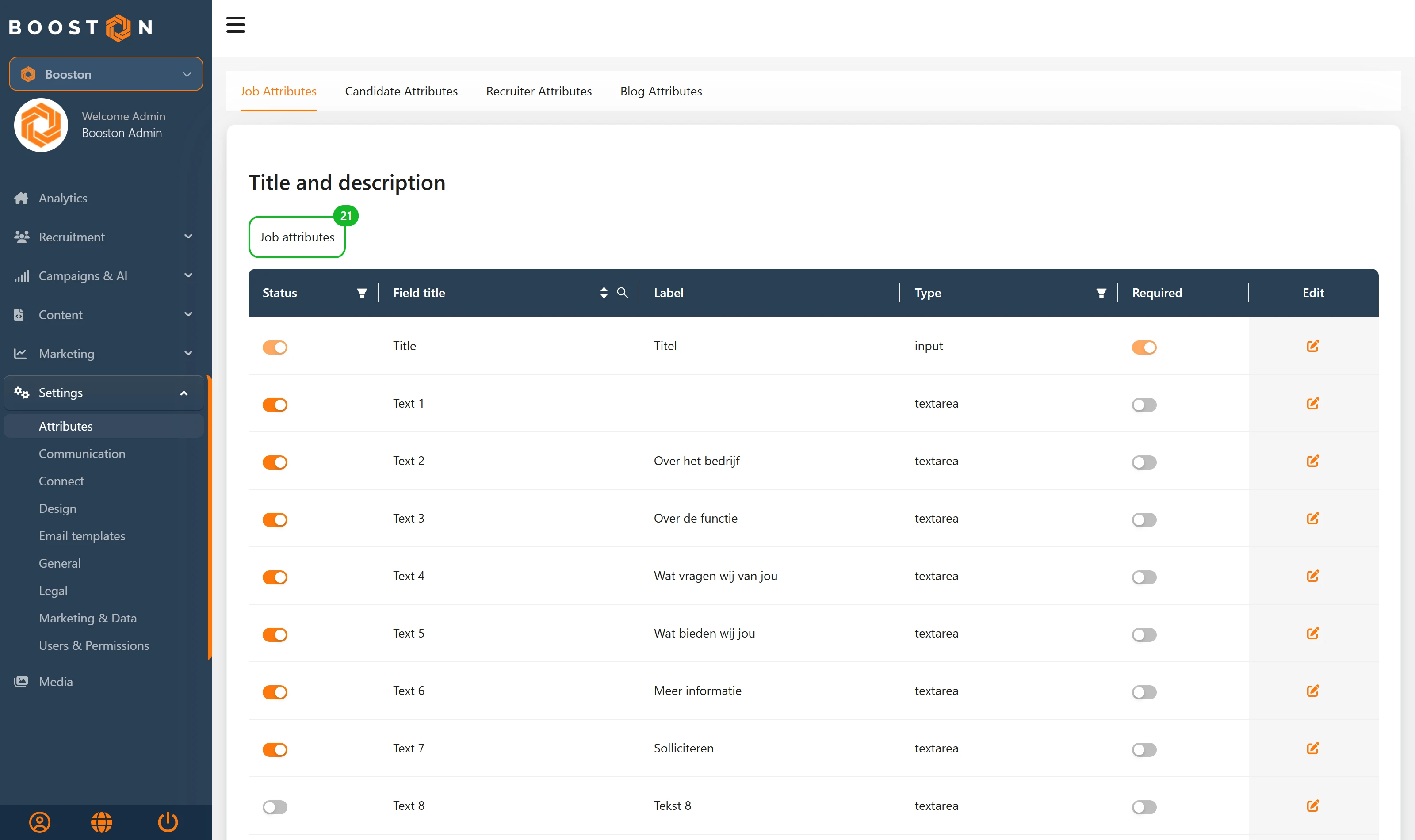 The Job Attributes overview: the menu on Settings on the left, the four tabs above it and a table per block.