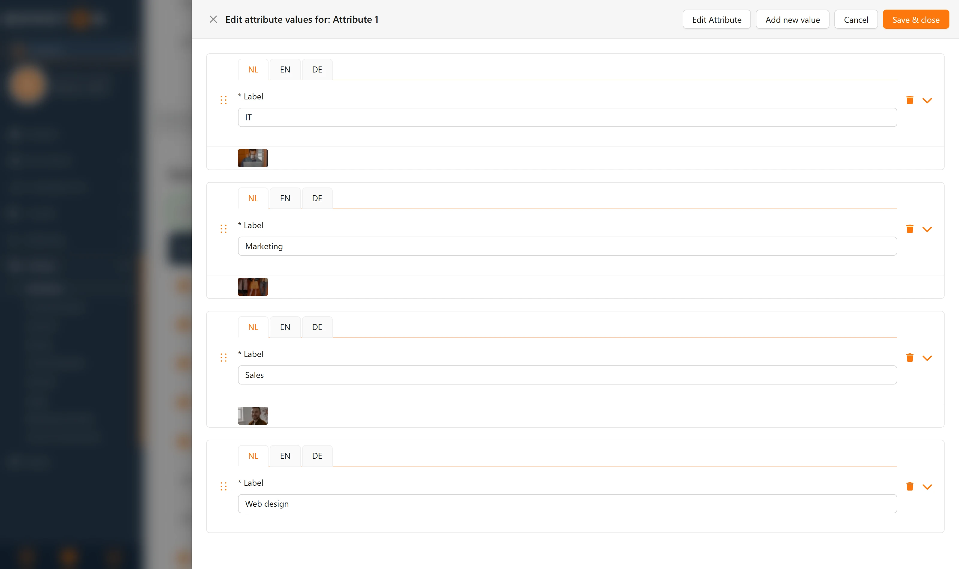 The attribute values of a choice field: a language tab per value, the Label, and a handle to drag the order.