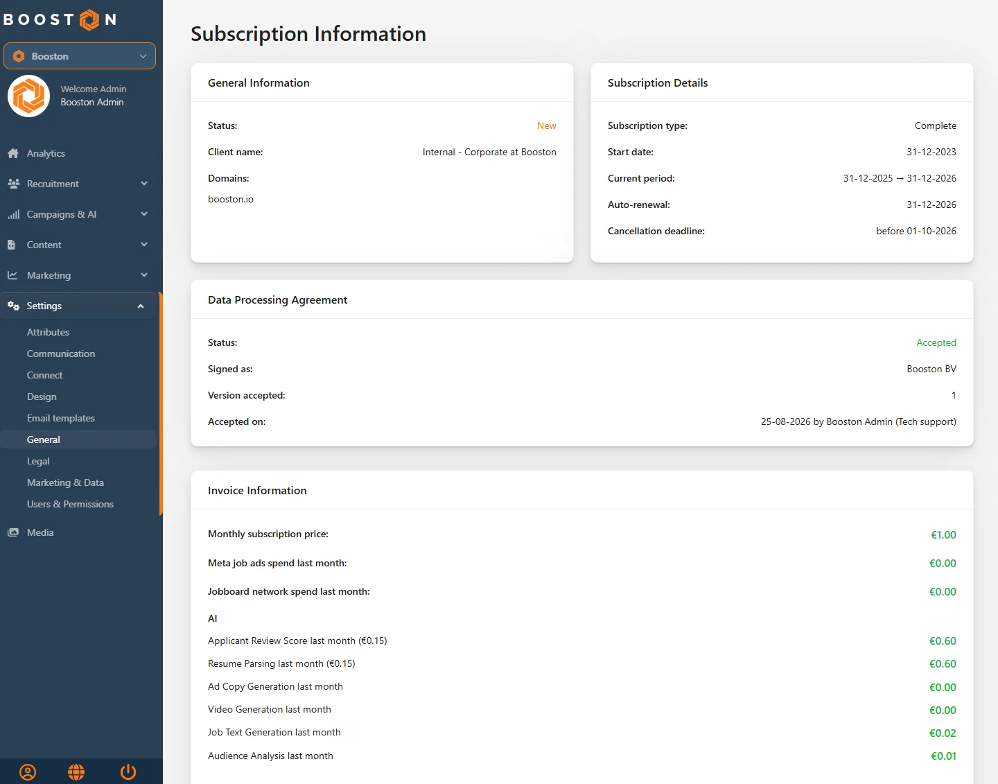 The Subscription Information screen in Booston, with the cards General Information, Subscription Details, Data Processing Agreement and Invoice Information.