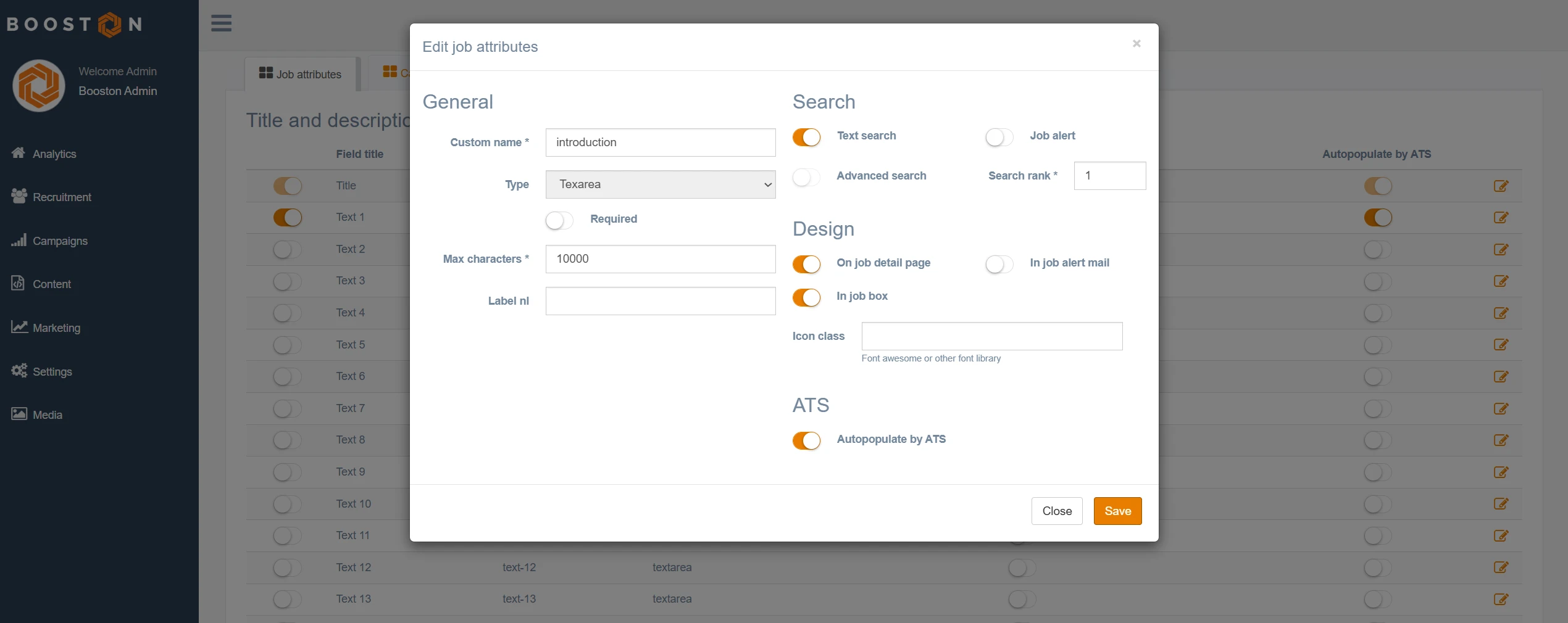 Attribute configuration for job text in Booston