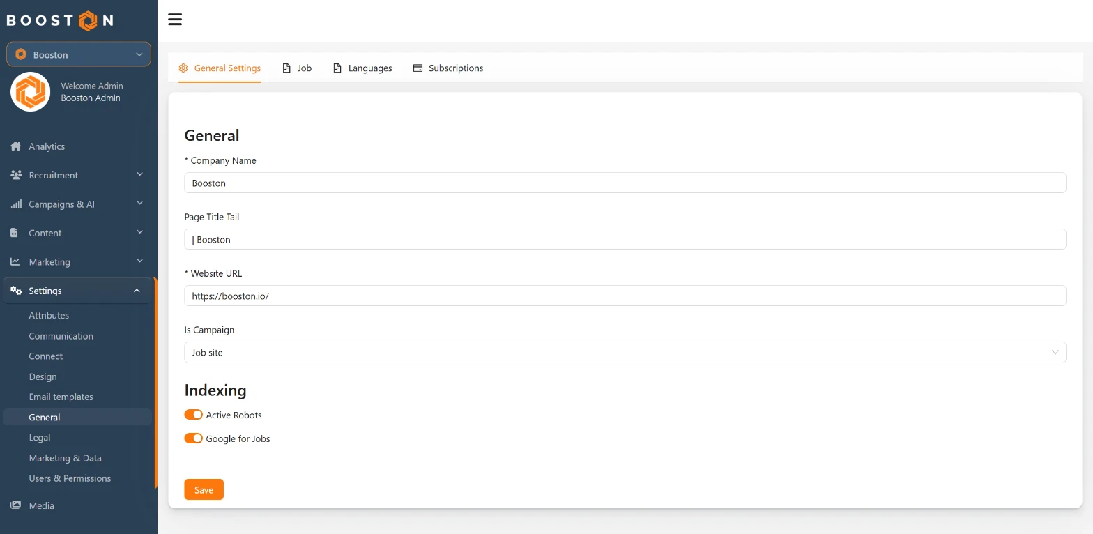 Het blok Indexing onder Settings → General, met de schakelaars Active Robots en Google for Jobs.