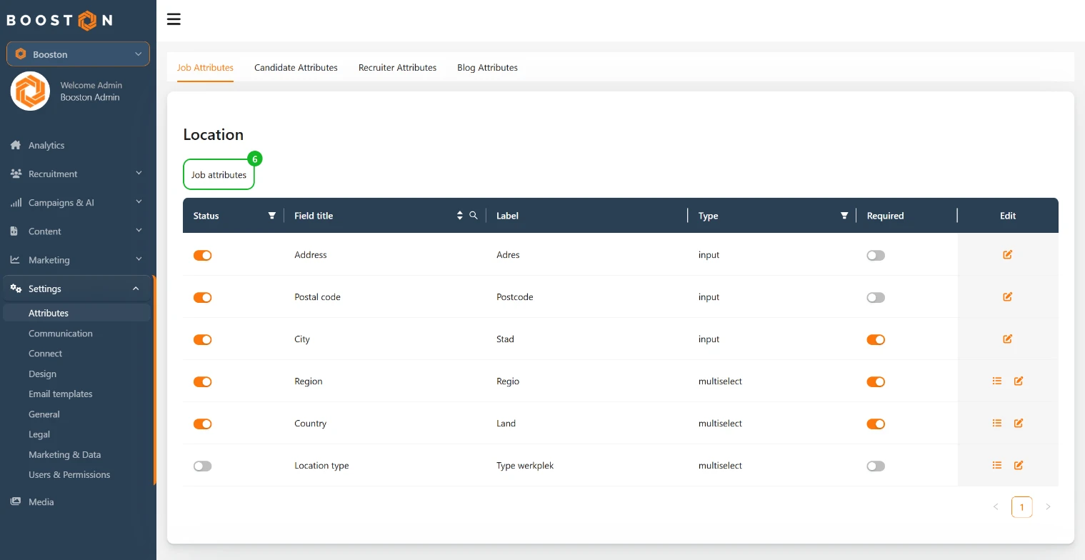 Het tabblad Job Attributes onder Settings → Attributes met het blok Location. Bij Region, Country en Location type staat in de kolom Edit het lijsticoon voor de waarden.