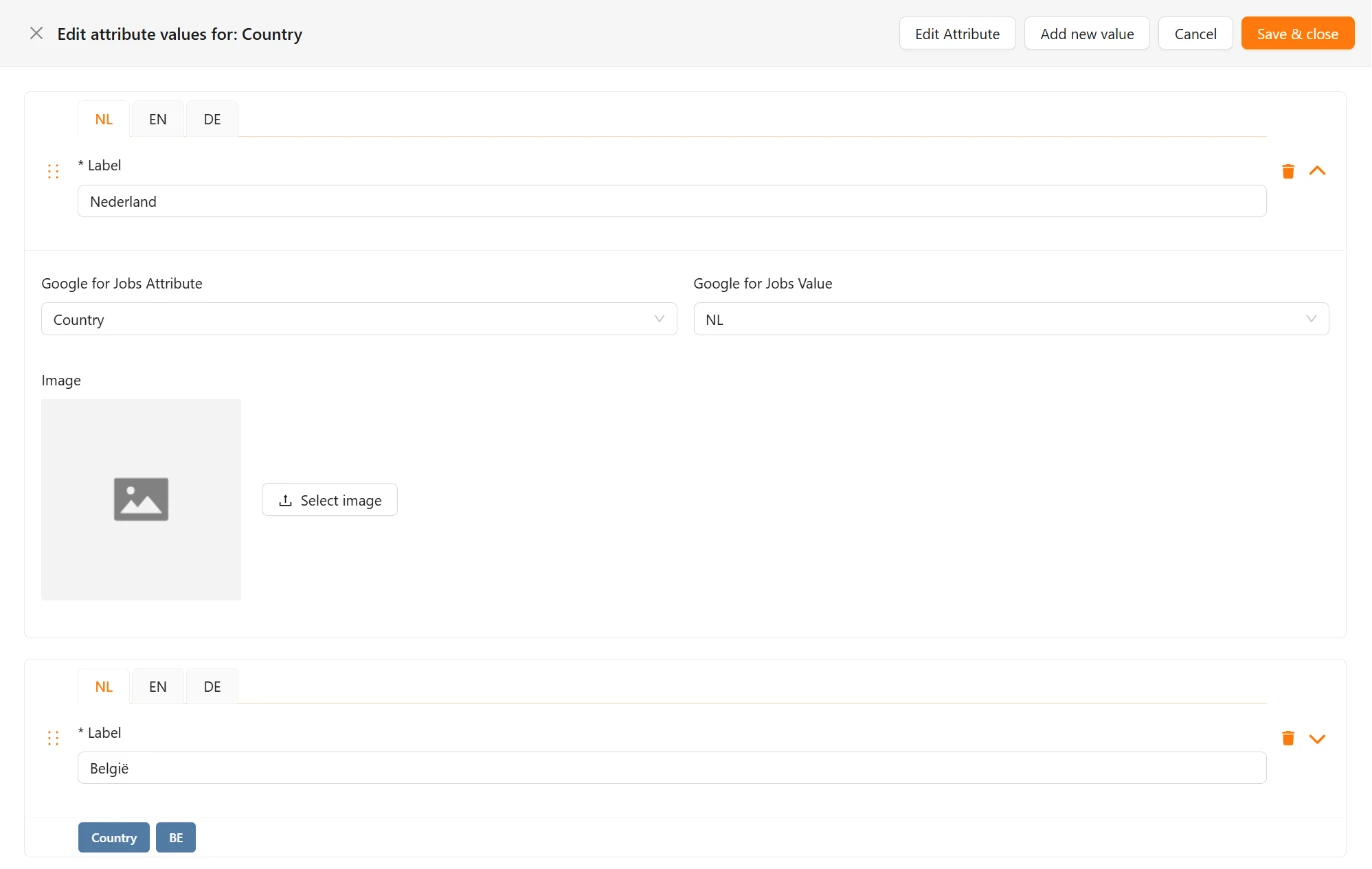 Het scherm Edit attribute values for: Country, met een opengeklapte waarde waarin Google for Jobs Attribute op Country staat en Google for Jobs Value op NL.