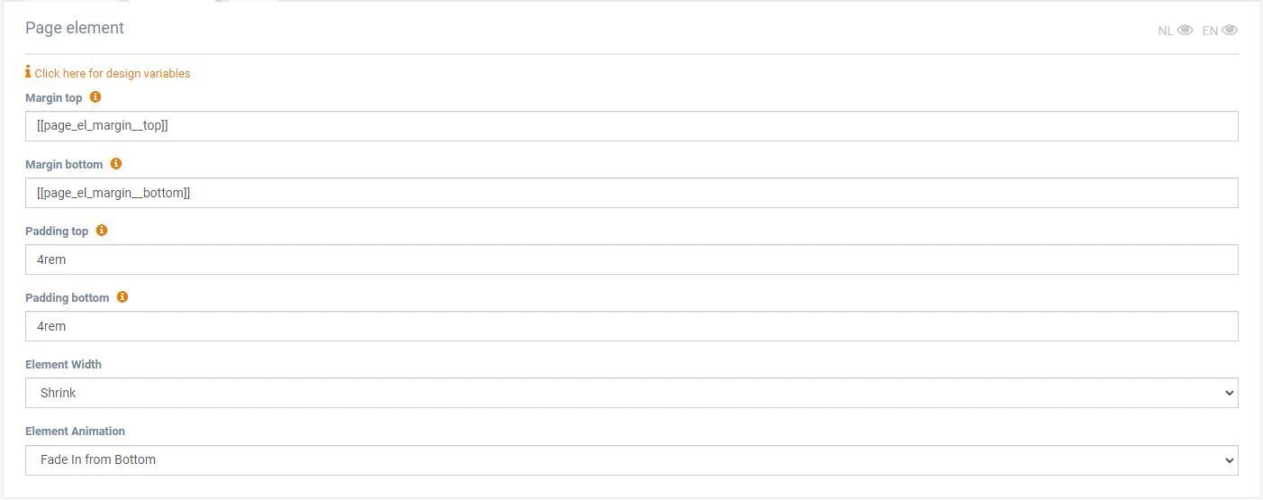 opstellen pagina element: design tab
